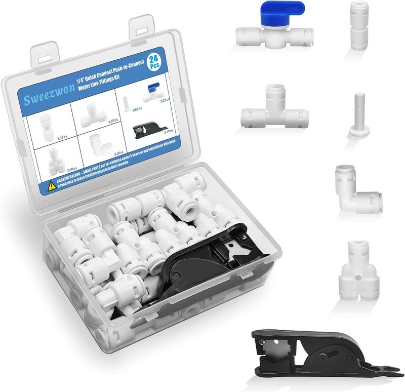 Sweezwon 1/4" Quick Connect Push-to-Connect Water Line Fittings Kit for RO/DI Water Filter, Refrigerator, Ice Maker (Ball Valve + T + L + Y + I + Professional Tubing Cutter, 24 Pcs) - Image 1